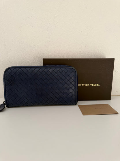 Authentic BOTTEGA VENETA Blue Intrecciato Zip Around Long Continental Wallet