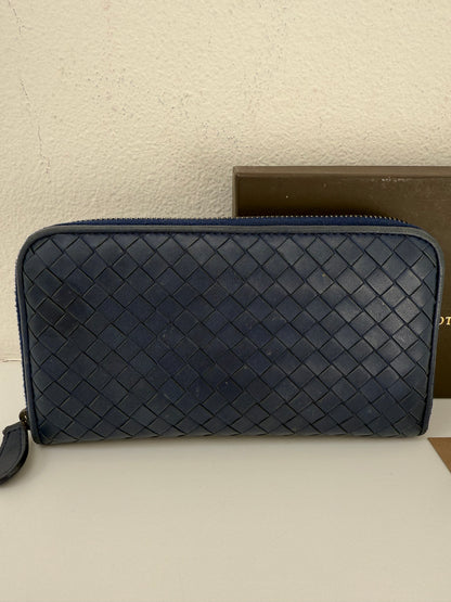 Authentic BOTTEGA VENETA Blue Intrecciato Zip Around Long Continental Wallet