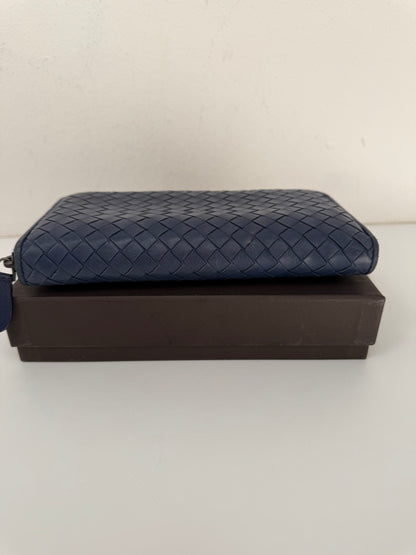 Authentic BOTTEGA VENETA Blue Intrecciato Zip Around Long Continental Wallet