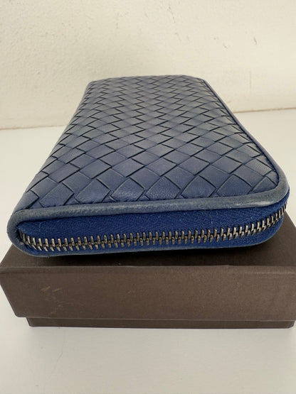 Authentic BOTTEGA VENETA Blue Intrecciato Zip Around Long Continental Wallet