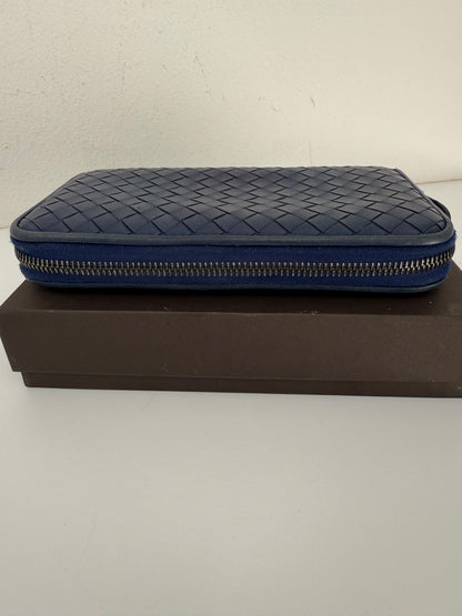 Authentic BOTTEGA VENETA Blue Intrecciato Zip Around Long Continental Wallet