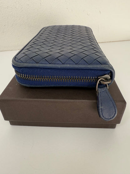 Authentic BOTTEGA VENETA Blue Intrecciato Zip Around Long Continental Wallet
