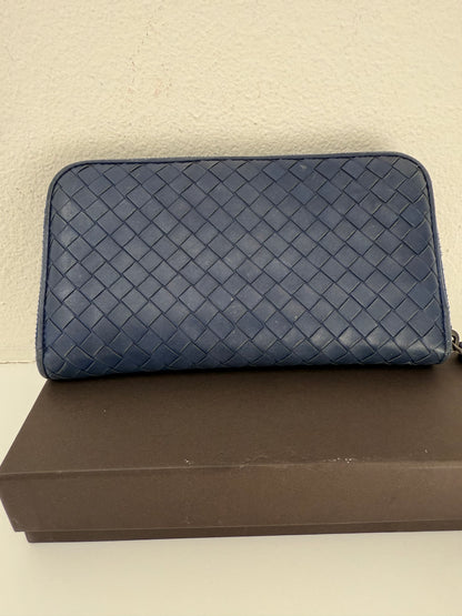 Authentic BOTTEGA VENETA Blue Intrecciato Zip Around Long Continental Wallet