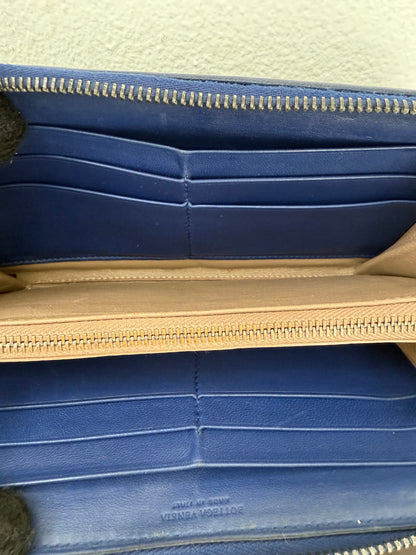 Authentic BOTTEGA VENETA Blue Intrecciato Zip Around Long Continental Wallet