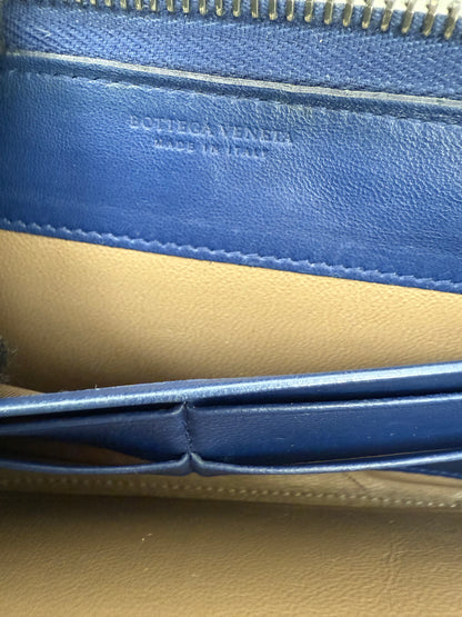 Authentic BOTTEGA VENETA Blue Intrecciato Zip Around Long Continental Wallet