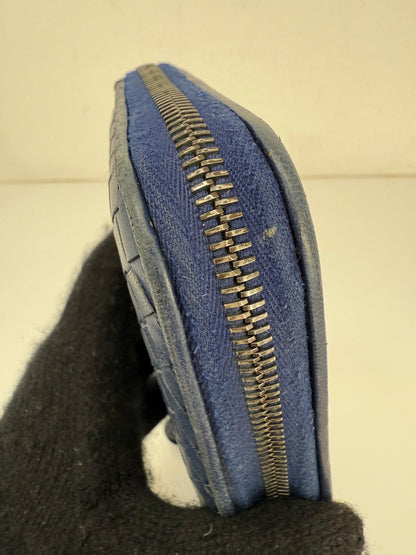 Authentic BOTTEGA VENETA Blue Intrecciato Zip Around Long Continental Wallet