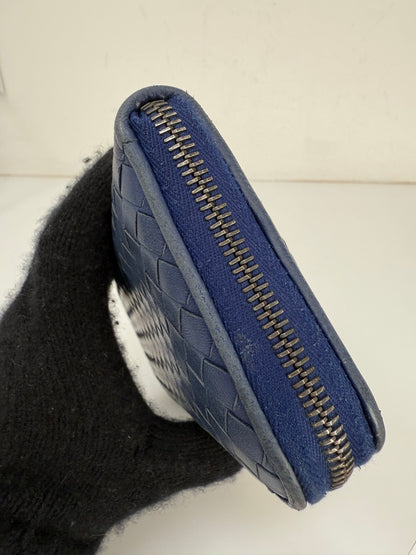 Authentic BOTTEGA VENETA Blue Intrecciato Zip Around Long Continental Wallet