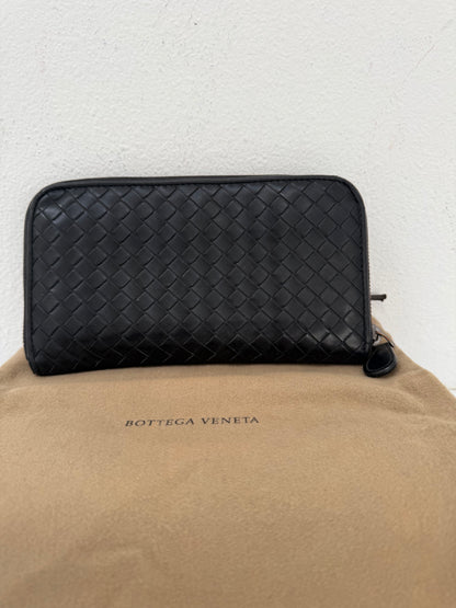 Authentic BOTTEGA VENETA Black Intrecciato Zip Around Long Continental Wallet