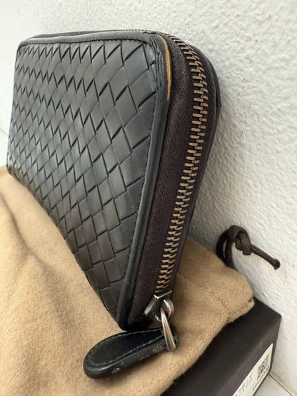 Authentic BOTTEGA VENETA Black Intrecciato Zip Around Long Continental Wallet