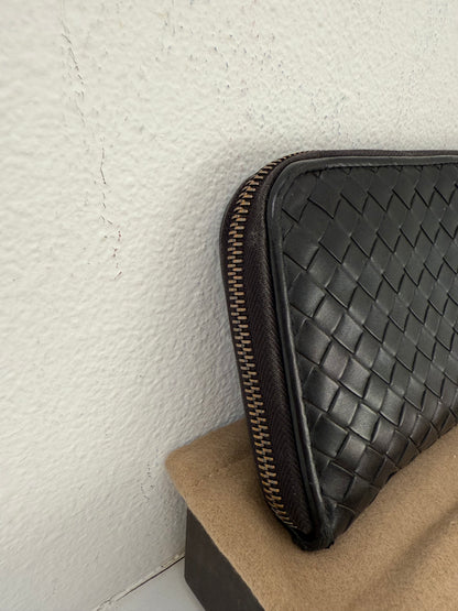 Authentic BOTTEGA VENETA Black Intrecciato Zip Around Long Continental Wallet