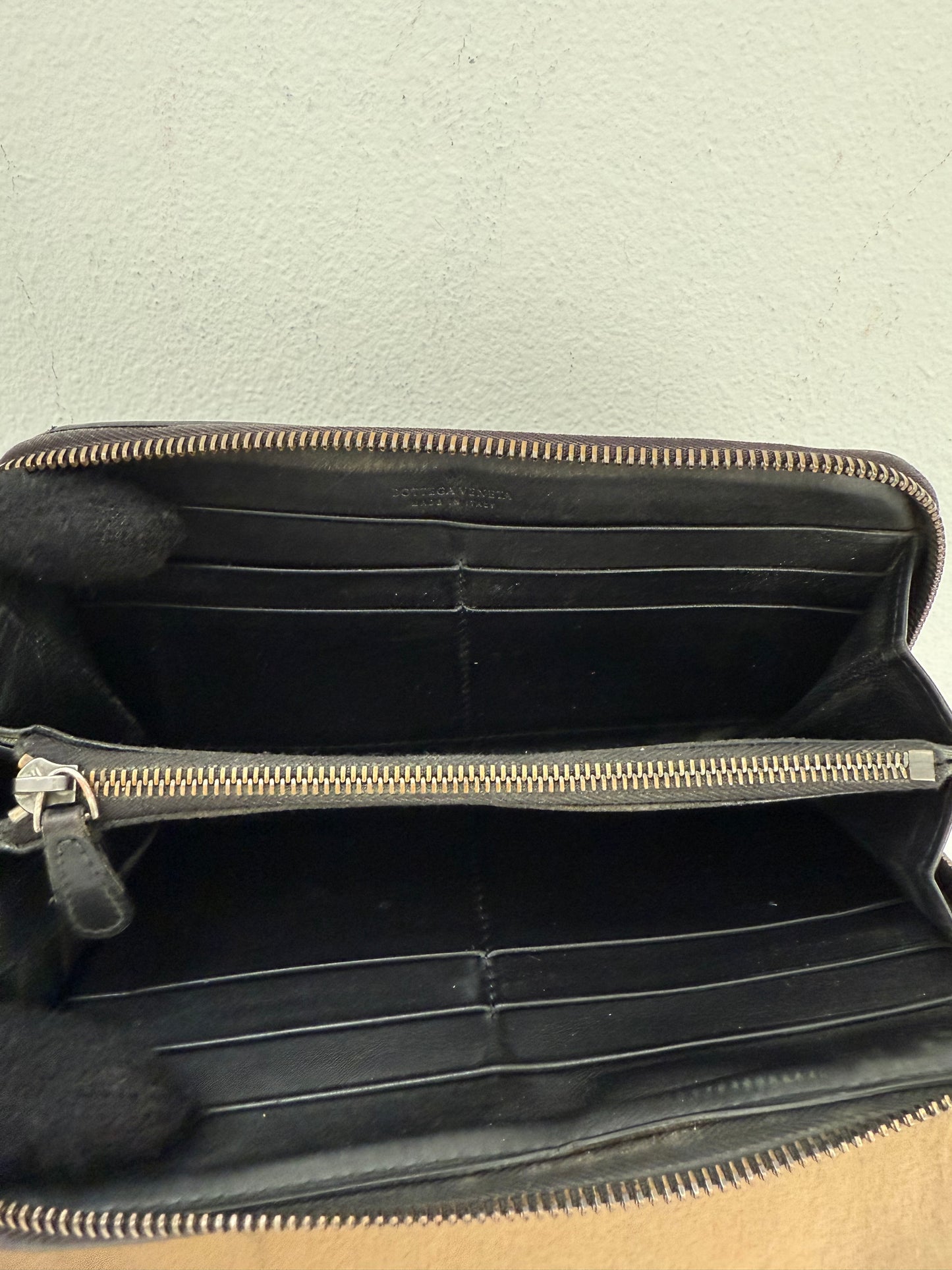 Authentic BOTTEGA VENETA Black Intrecciato Zip Around Long Continental Wallet