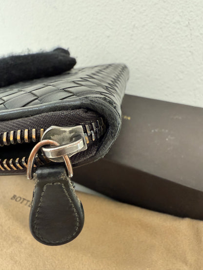 Authentic BOTTEGA VENETA Black Intrecciato Zip Around Long Continental Wallet