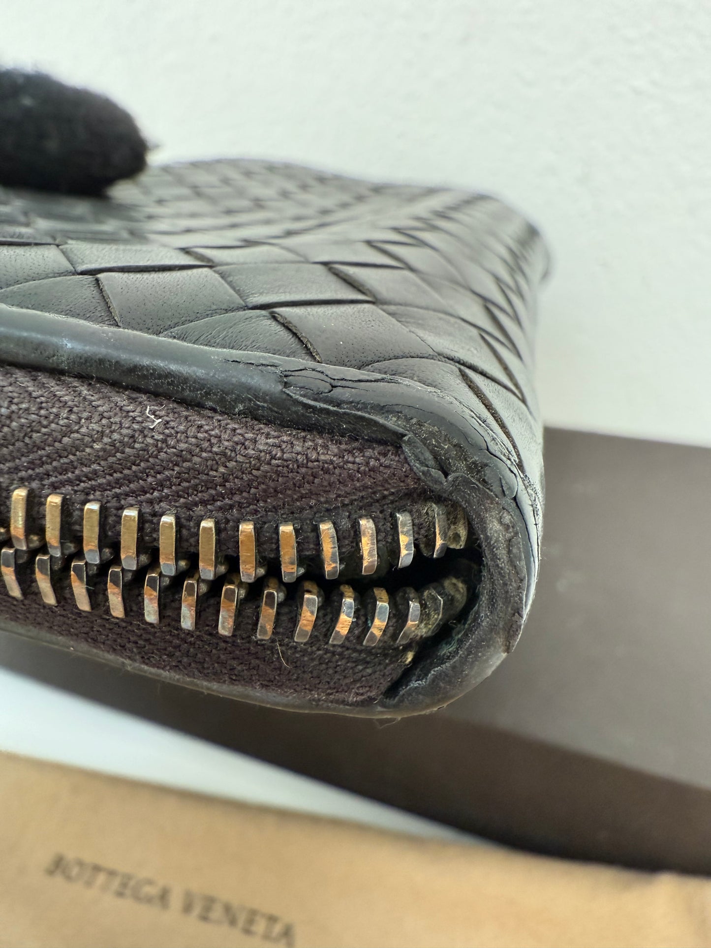 Authentic BOTTEGA VENETA Black Intrecciato Zip Around Long Continental Wallet