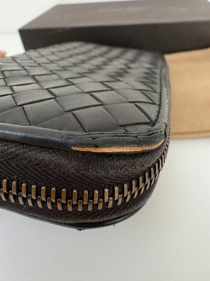 Authentic BOTTEGA VENETA Black Intrecciato Zip Around Long Continental Wallet