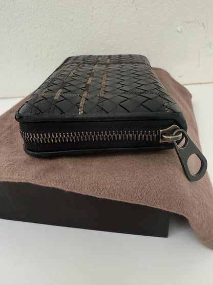 BOTTEGA VENETA Anthracite Black Weave Intrecciato Zip Long Continental Wallet