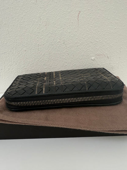 BOTTEGA VENETA Anthracite Black Weave Intrecciato Zip Long Continental Wallet