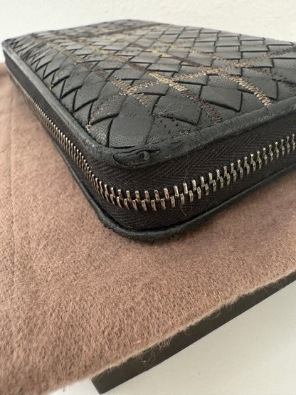 BOTTEGA VENETA Anthracite Black Weave Intrecciato Zip Long Continental Wallet