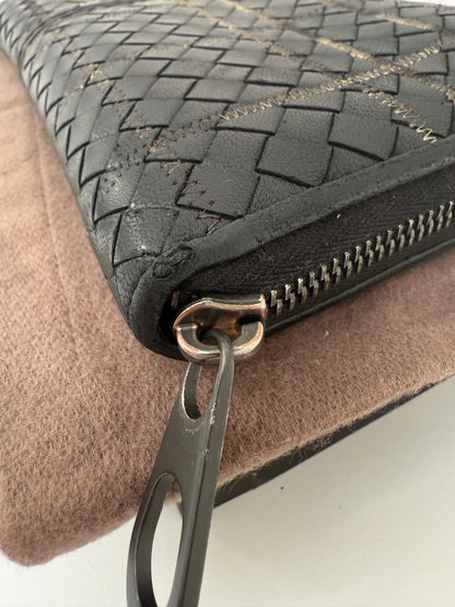 BOTTEGA VENETA Anthracite Black Weave Intrecciato Zip Long Continental Wallet