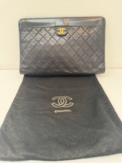 RARE Chanel Black Lambskin Vintage 24K Plated Golden Hardware Clutch Handbag