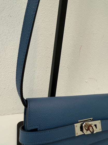 Authentic Hermes Medium Kelly Blue Epsom Leather Wallet with Leather Strap