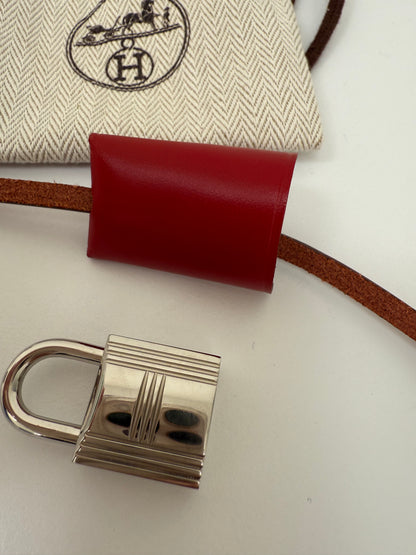NEW HERMES Red Leather Clochette for Kelly or Birkin, Lock & 2 Keys Set with dust bag