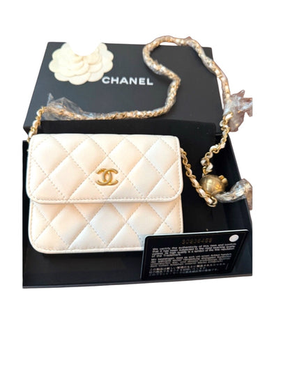 CHANEL White Lambskin Mini Square Flap Bag Pearl Crush / Gold Ball Bag