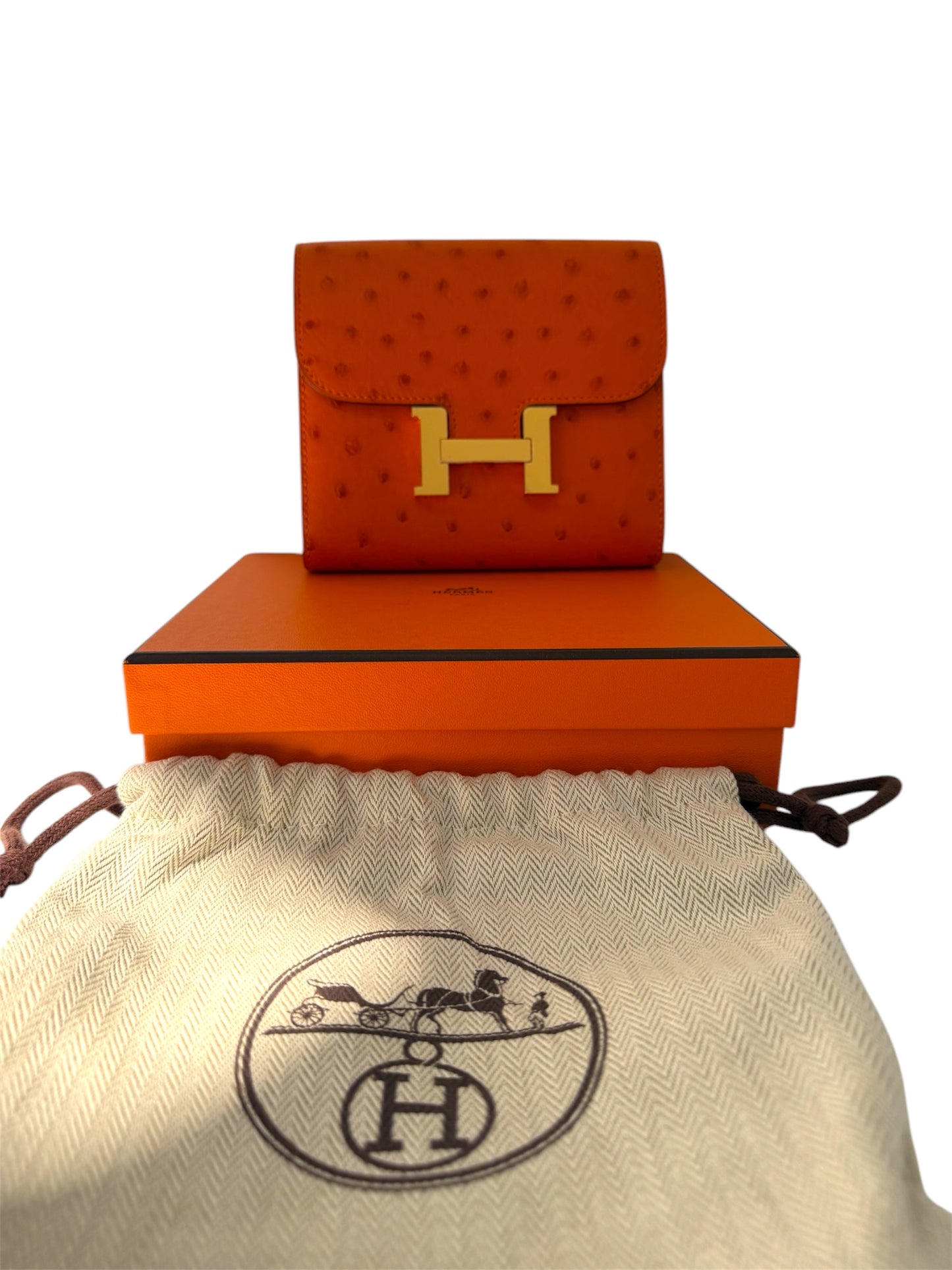 NEW RARE HERMES Constance Short Wallet Clutch in Orange Ostrich with Palladium HW& Leather Strap