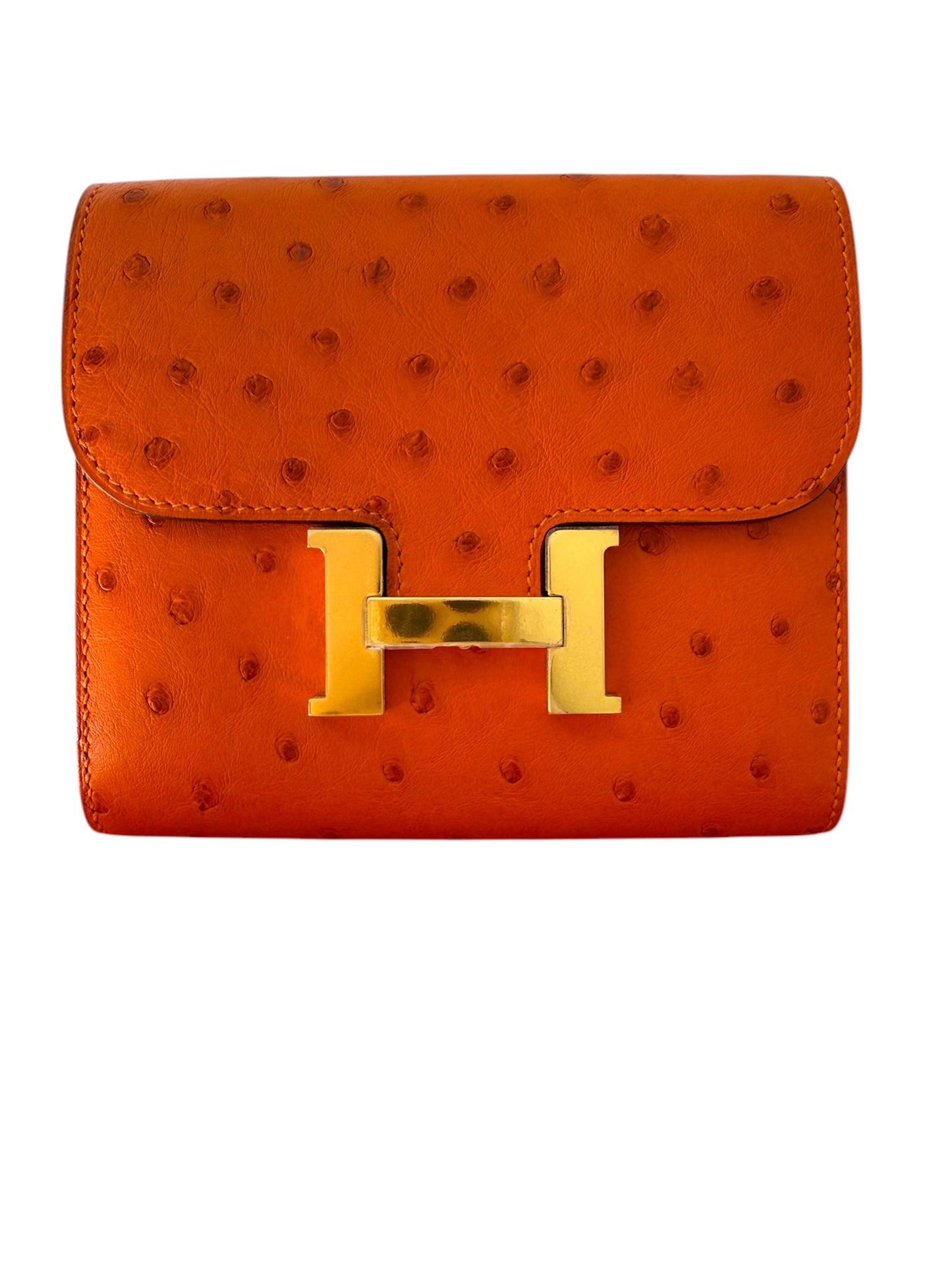 NEW RARE HERMES Constance Short Wallet Clutch in Orange Ostrich with Palladium HW& Leather Strap