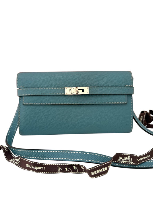 Authentic Hermes Blue Jean Kelly Longue Long Wallet  Matching Strap Palladium HW