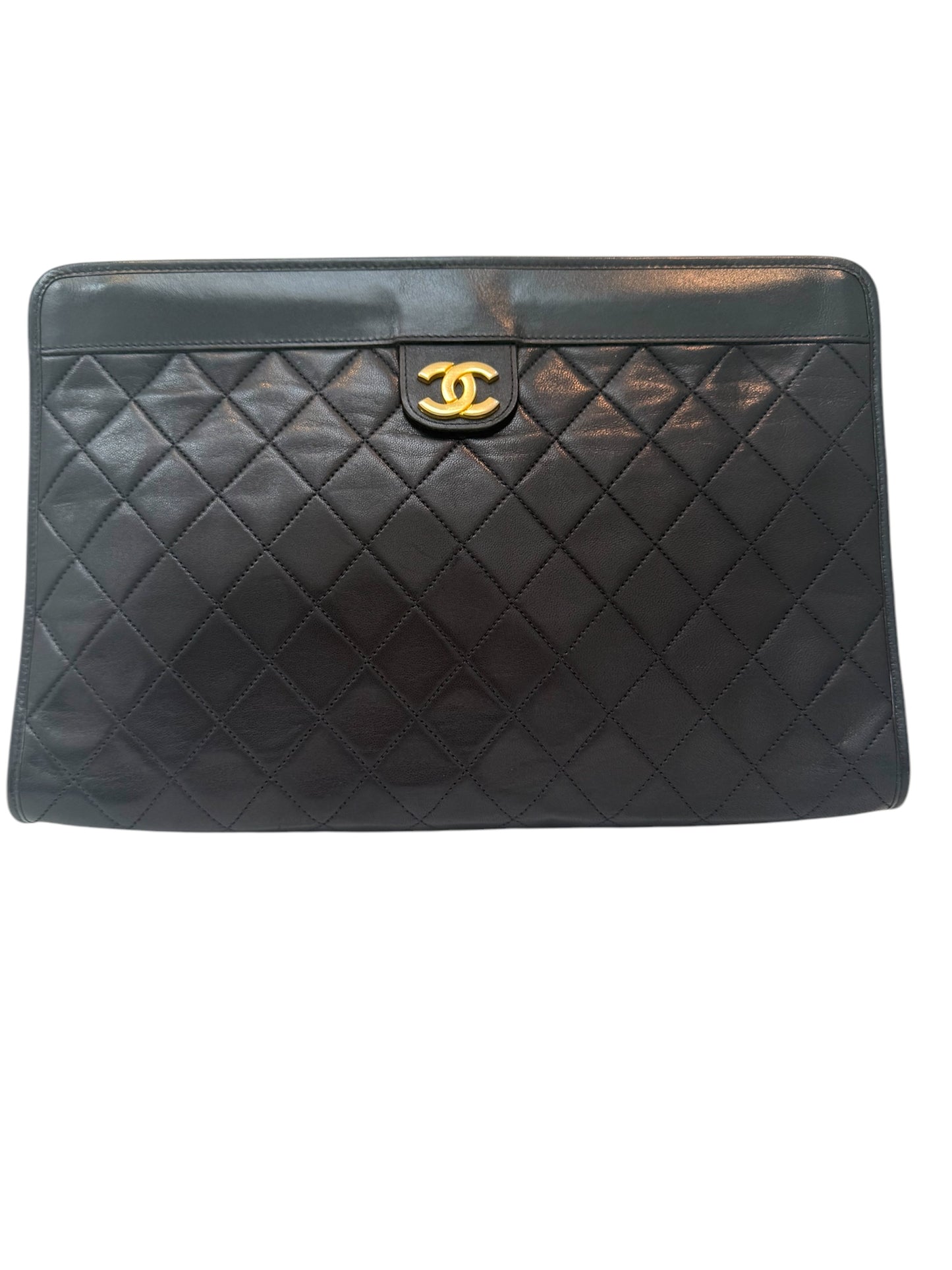 RARE Chanel Black Lambskin Vintage 24K Plated Golden Hardware Clutch Handbag