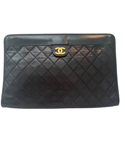 RARE Chanel Black Lambskin Vintage 24K Plated Golden Hardware Clutch Handbag