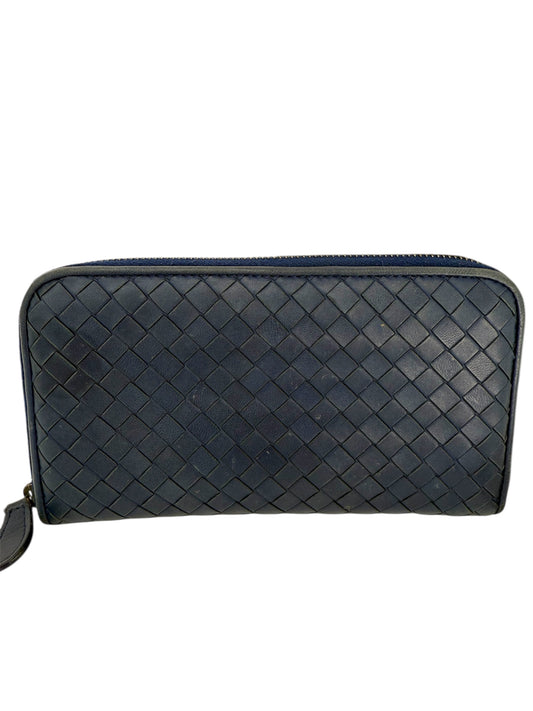 Authentic BOTTEGA VENETA Blue Intrecciato Zip Around Long Continental Wallet