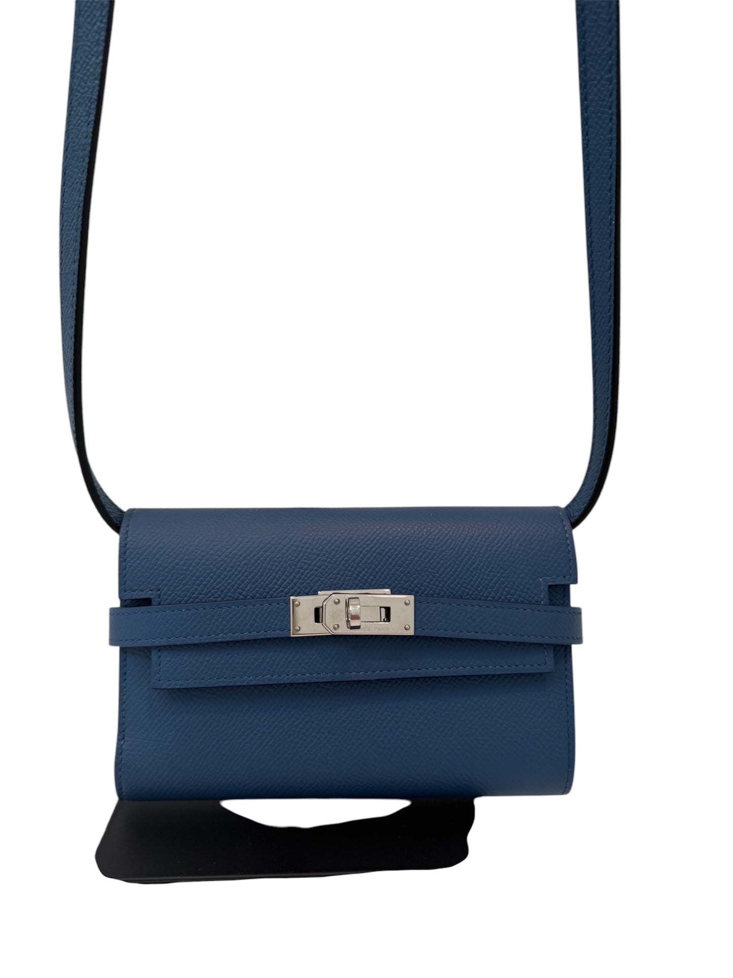 Authentic Hermes Medium Kelly Blue Epsom Leather Wallet with Leather Strap