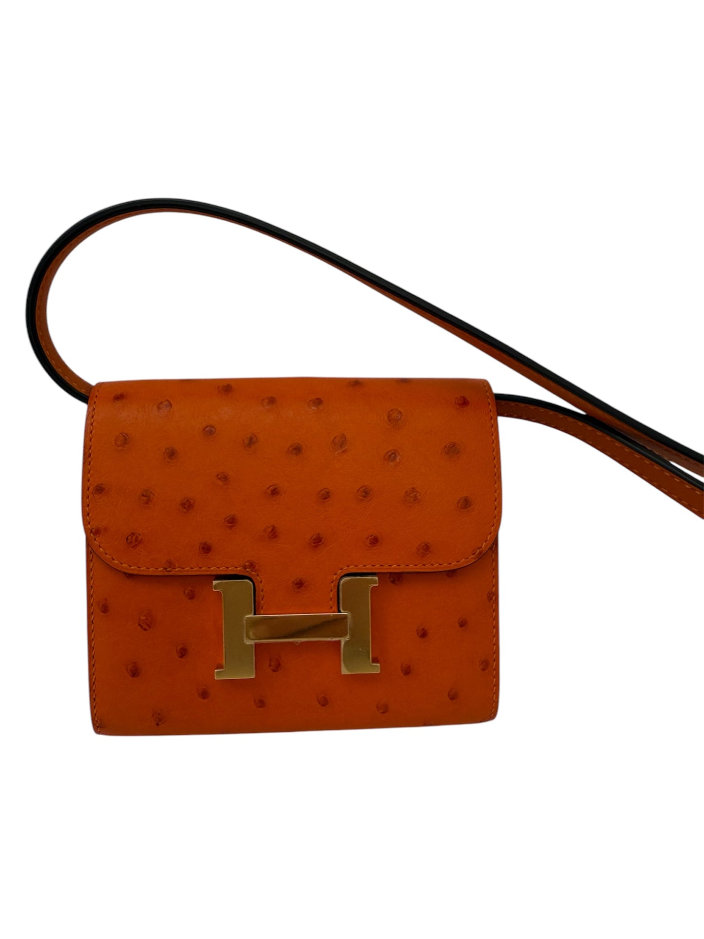 NEW RARE HERMES Constance Short Wallet Clutch in Orange Ostrich with Palladium HW& Leather Strap