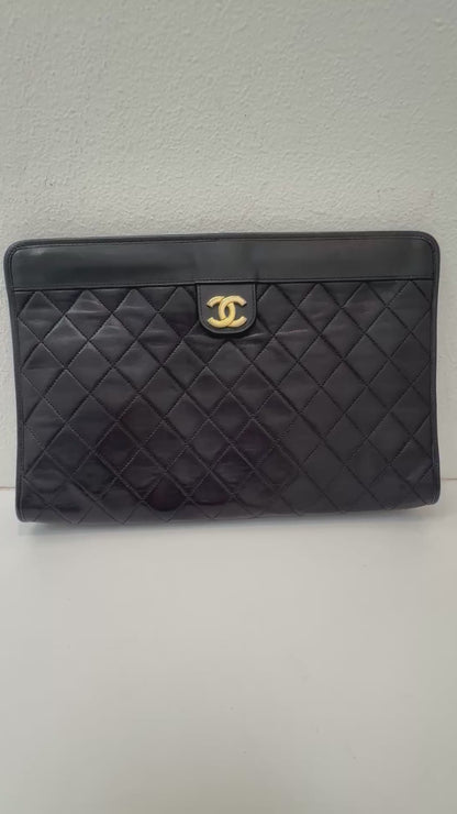 RARE Chanel Black Lambskin Vintage 24K Plated Golden Hardware Clutch Handbag